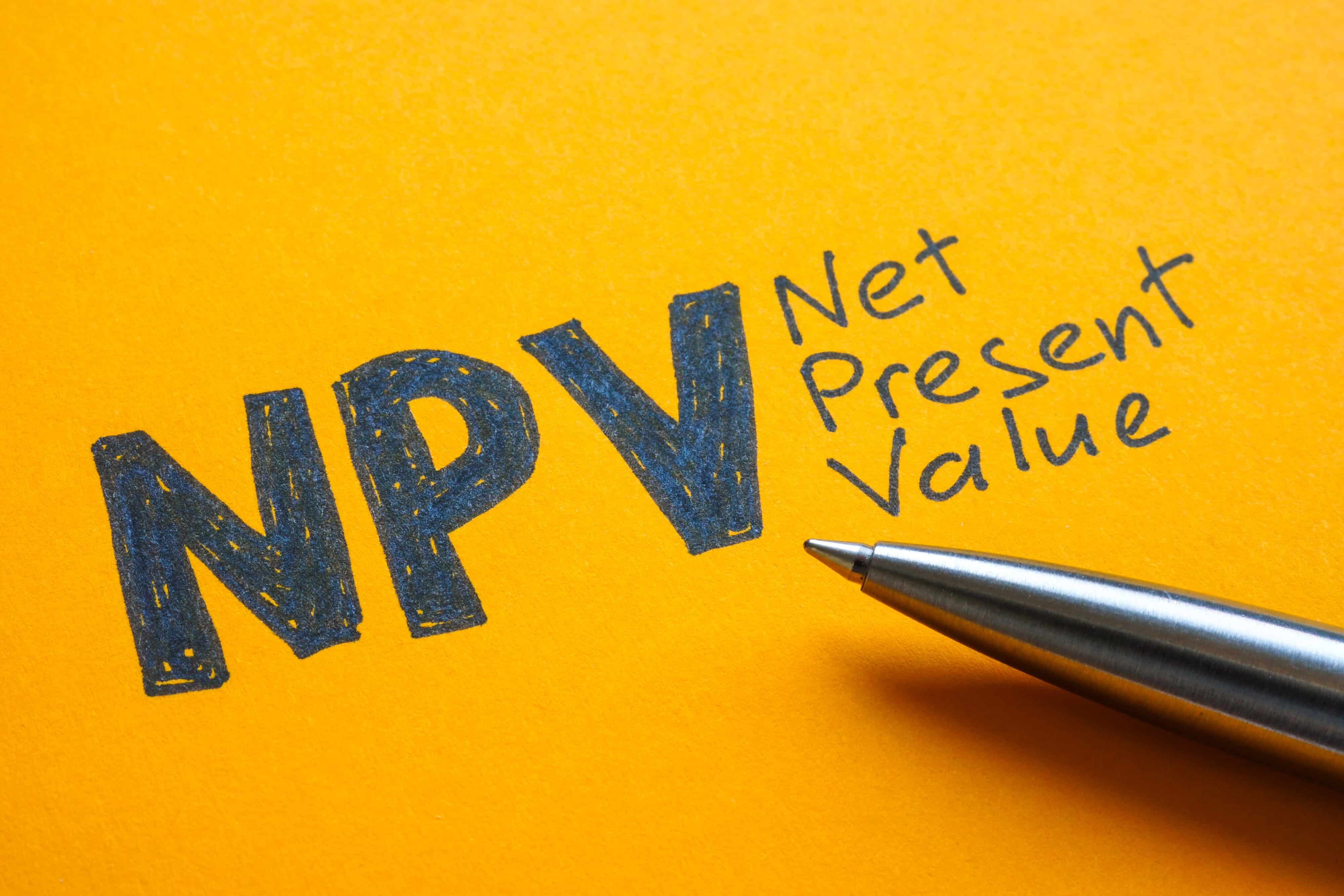 Close up of the NPV net present value. Represents financial analysis.
