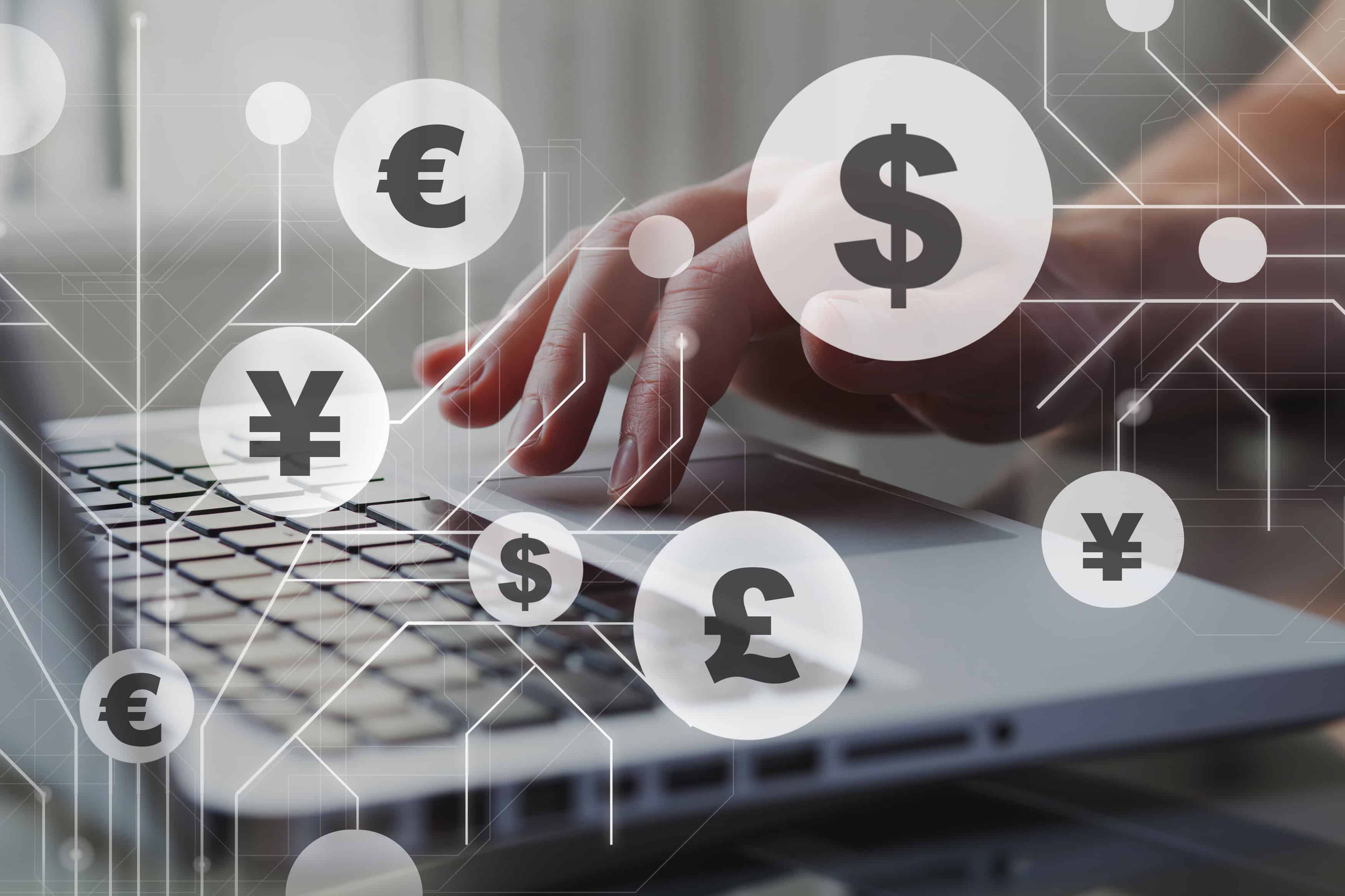 Foreign currency exchange concept, forex trading. Dollar, euro, pound and yen signs with businessman working on computer on background.